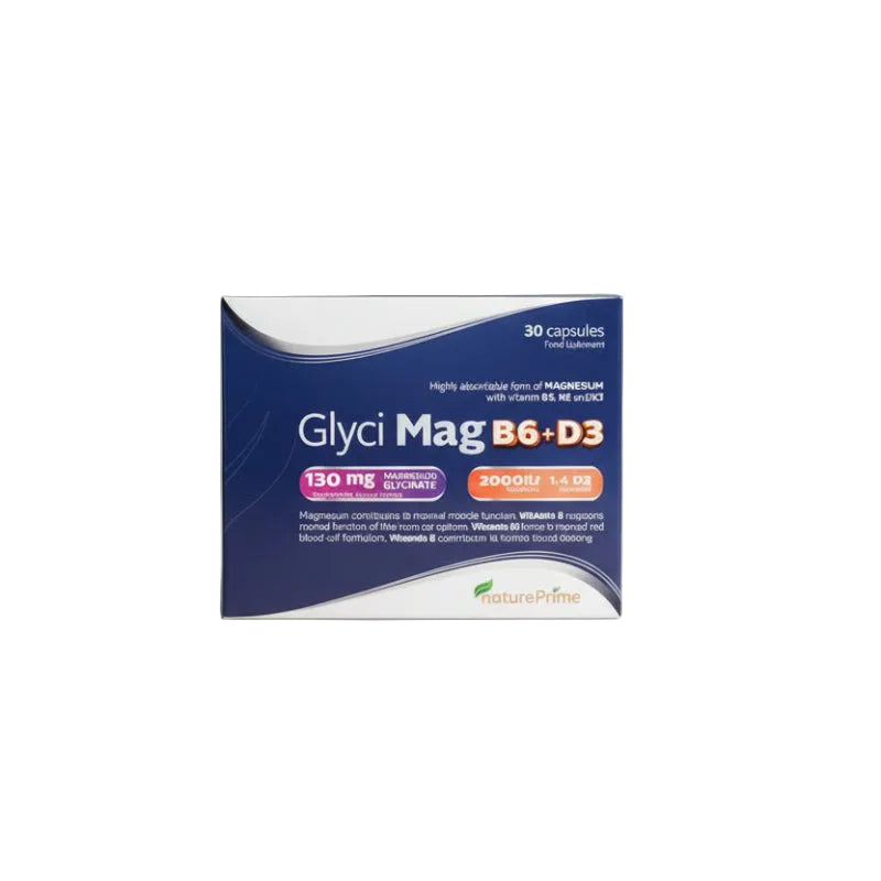 Box of Glyci Mag B6+D3 supplement on a gray background