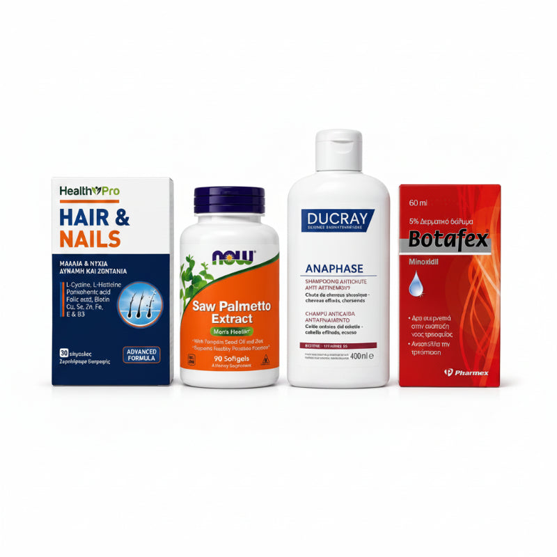 Collection of health and wellness products including a bottle, a box, and a container on a white background.