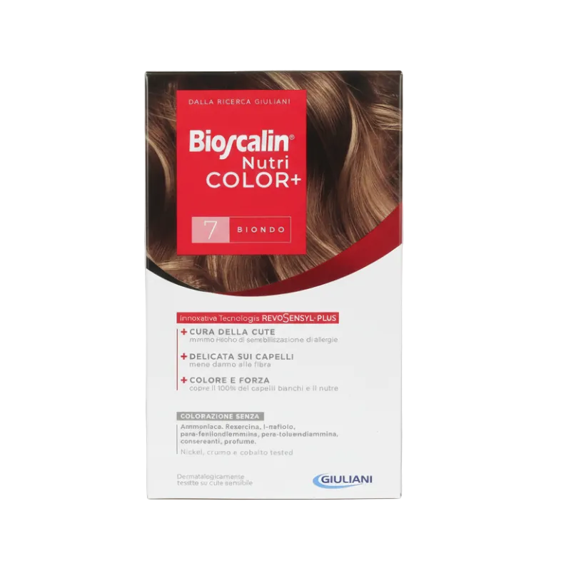 Hair color product packaging with red label and brown hair image on a white background