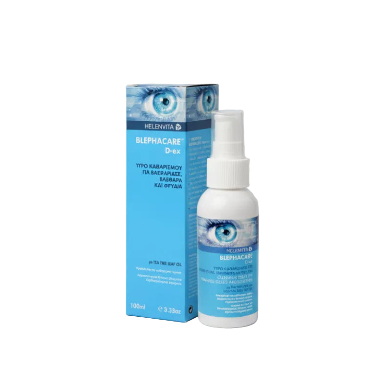 Helenvita Blephacare D-RX eye care spray bottle and packaging on a dark background