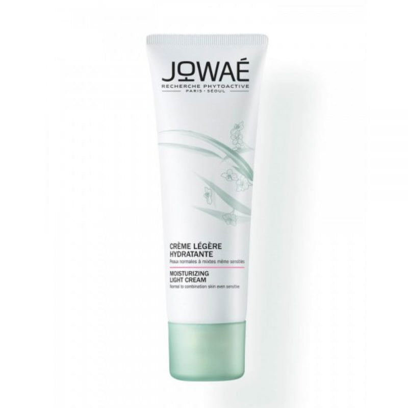Tube of JOWAE MOISTURIZING LIGHT CREAM with green floral design, primarily white and green packaging.
