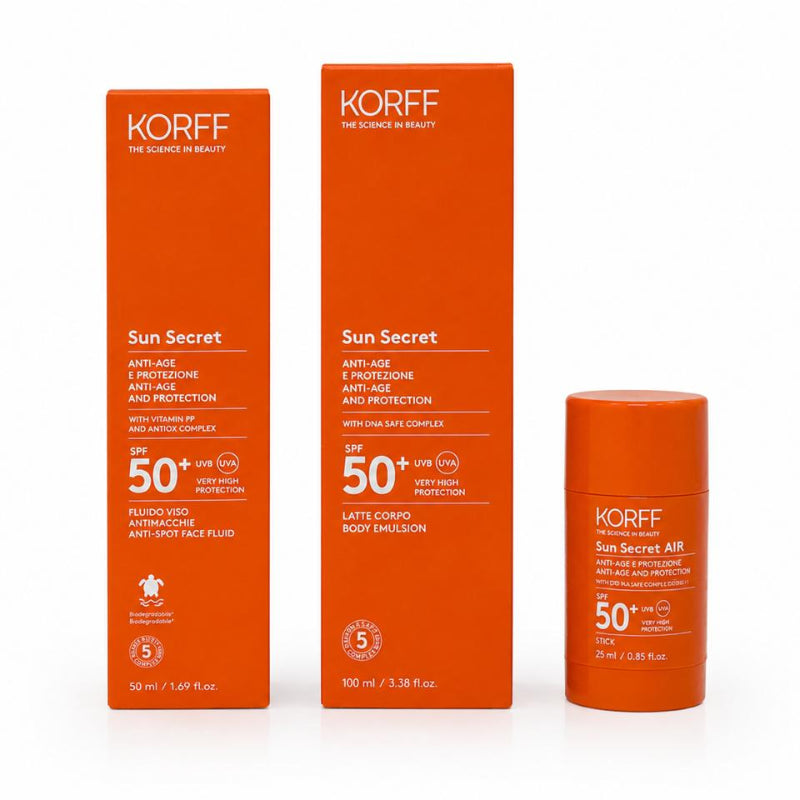 Korff Sun Secret sun protection products on a white background
