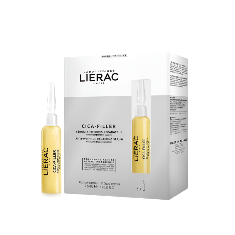 Packaging of LIERAC CICA-FILLER Anti-Wrinkle Serum with three 10ml ampoules displayed in front of the box.