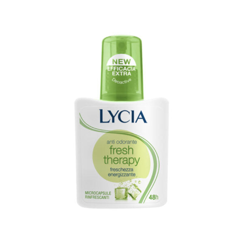 Lycia Spray Total Fresh 75ml bottle with green cap, labeled as fresh therapy with 48 hours of freshness and control. Marked as new and improved formula.