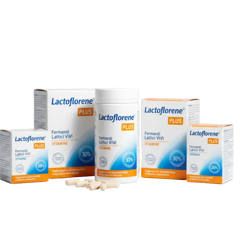 Lactoflorene Plus products including bottles and boxes on a light gray background