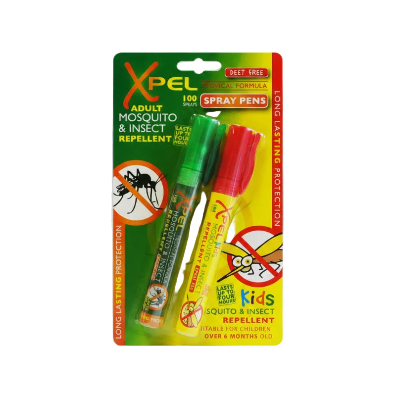 Xpel adult and kids mosquito and insect repellent spray pens with packaging.