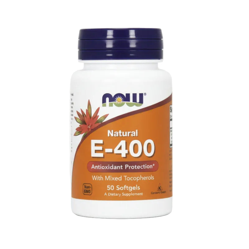 A bottle of NOW Vitamin E-400 IU MT with 50 softgels, featuring a white label with orange and green accents and an image of a leaf.
