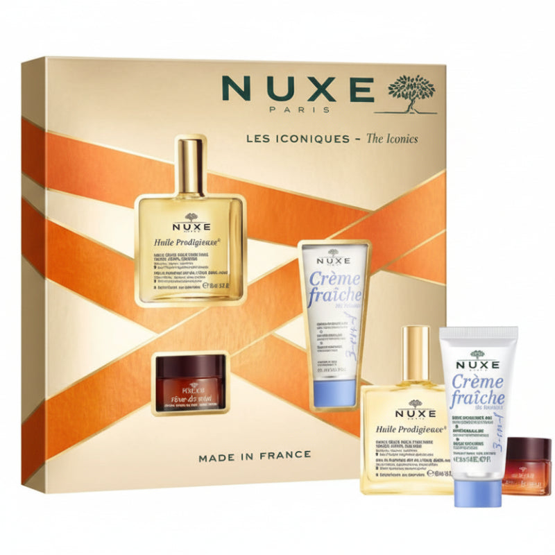 Nuxe skincare product set with packaging on a white background