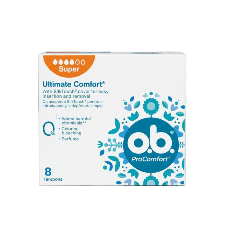 Box of o.b. Ultimate Comfort Super tampons with SilkTouch cover, indicating 8 tampon super, suitable for menstrual needs.