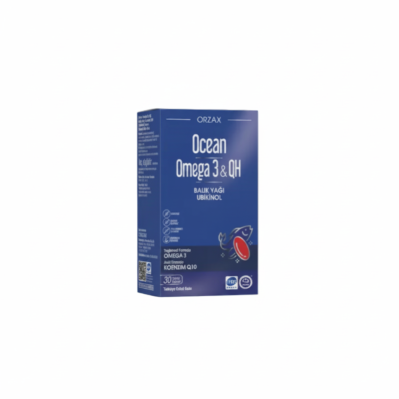 Blue box of ORZAX Ocean Omega 3 & QH on a white background