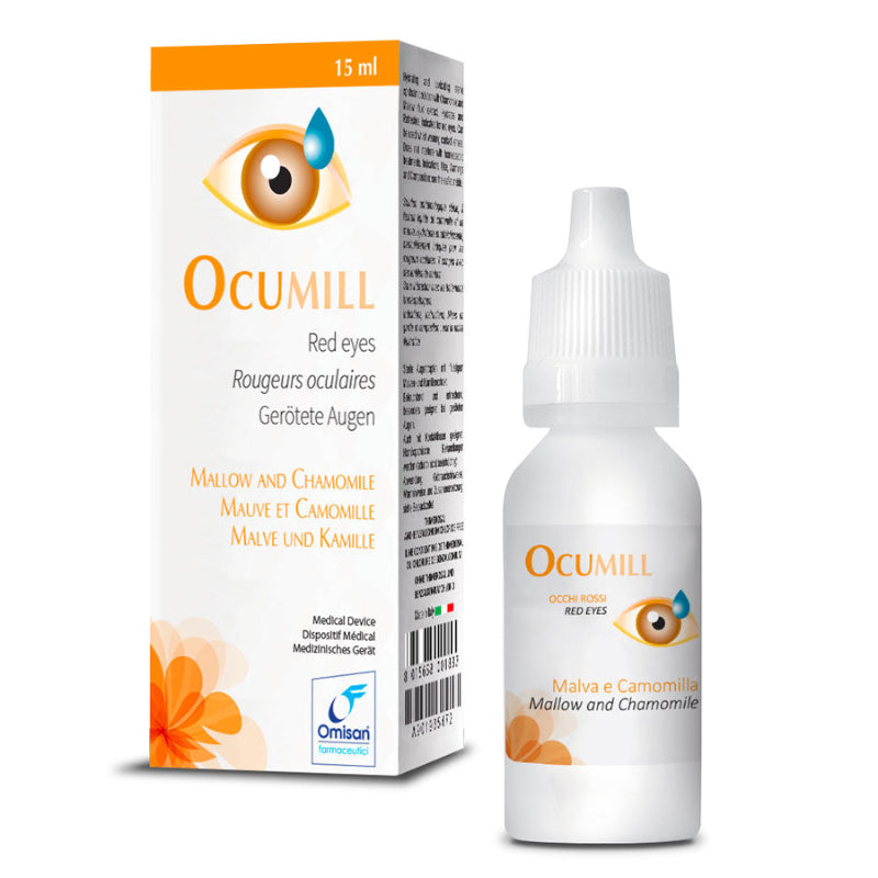 Ocumill eye drop bottle and packaging on a white background