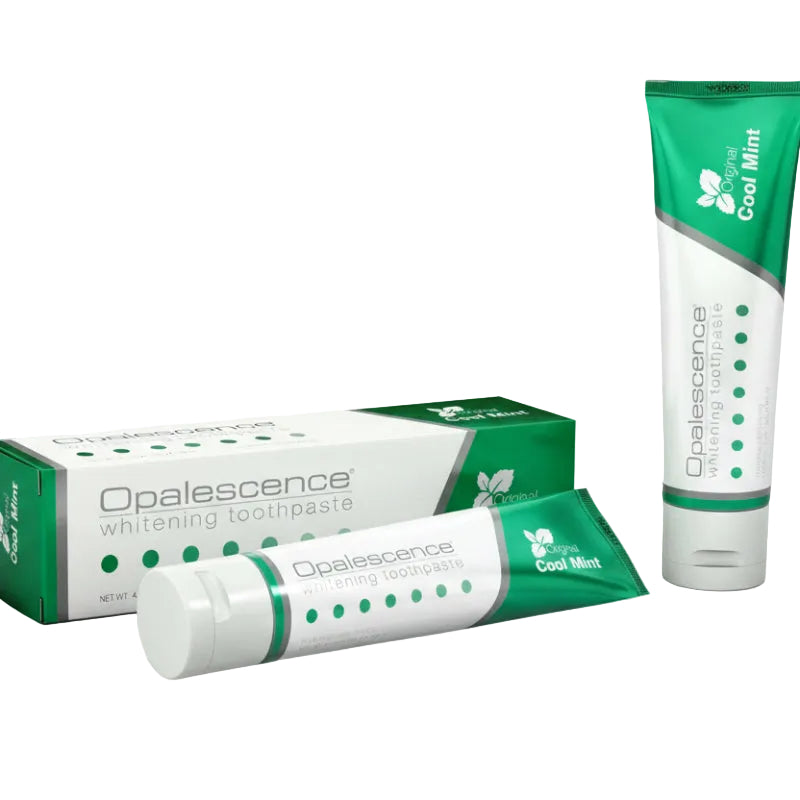 A tube of Opalescence whitening toothpaste with its packaging box, labeled Cool Mint flavor.