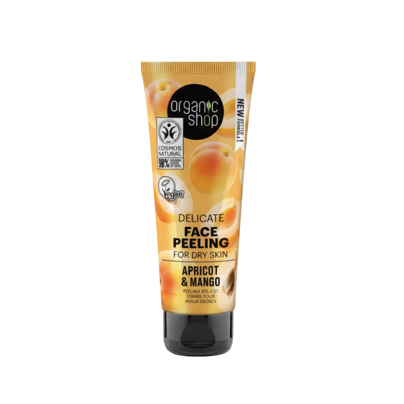 Tube of Organic Shop Delicate Face Peeling for Dry Skin with Apricot & Mango, 75 ml.