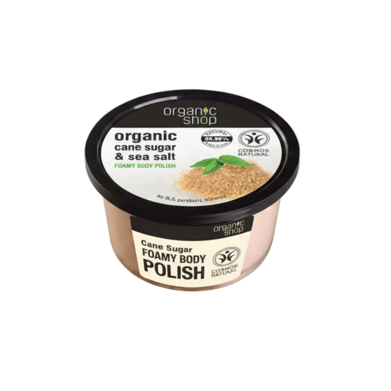 A container of Organic Shop body polish with cane sugar and sea salt, 250ml.
