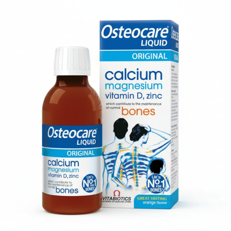 A bottle of Osteocare Liquid, which is a nutritional supplement for bones containing calcium, magnesium, vitamin D3, and zinc. The packaging has before and after images of bone density and a diagram of a spine.