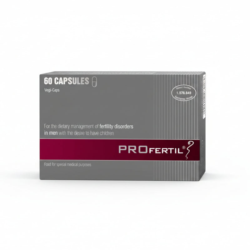 A box of PROfertil capsules, with 60 capsules indicated for the dietary management of fertility disorders in men. The packaging is primarily gray with red and white accents and the product name displayed prominently.