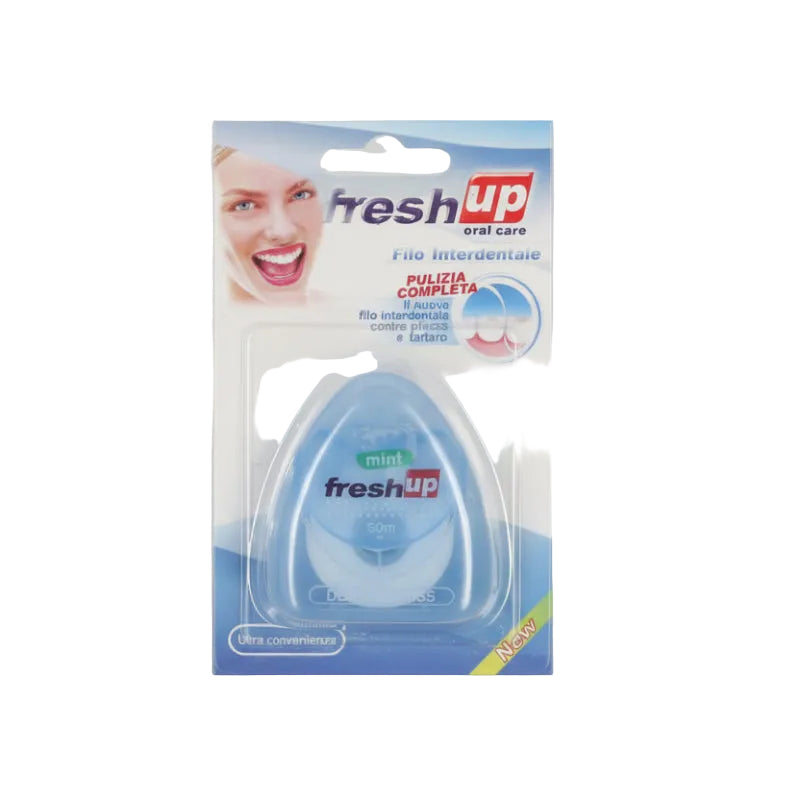 Packaging of FRESH UP FILL DENTAR oral care product, featuring a denture repair kit with a mouthpiece and cleaning brush.