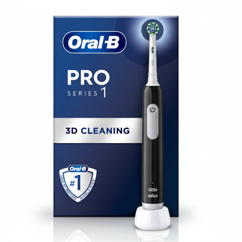Packaging of Oral-B Pro Series 1 electric toothbrush with the product visible in the center, emphasizing 3D cleaning feature.