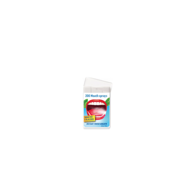Mouthwash spray container with a colorful label on a white background