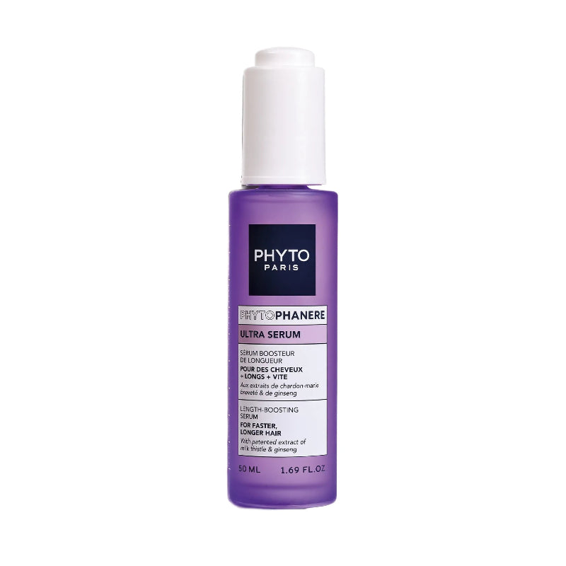 Purple serum bottle with white cap on a white background