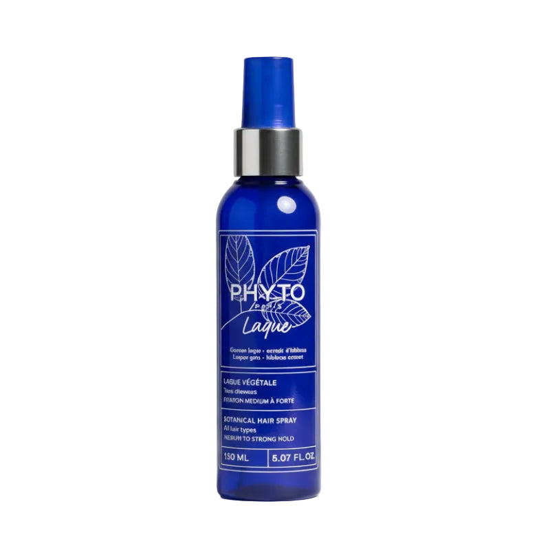 Blue hair spray bottle with Phyto branding on a white background