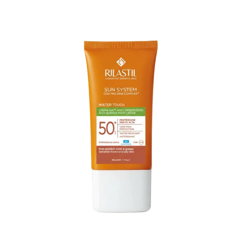 A tube of Rilastil Sun System Water Touch Blemish Mat Cream with SPF50+ protection.