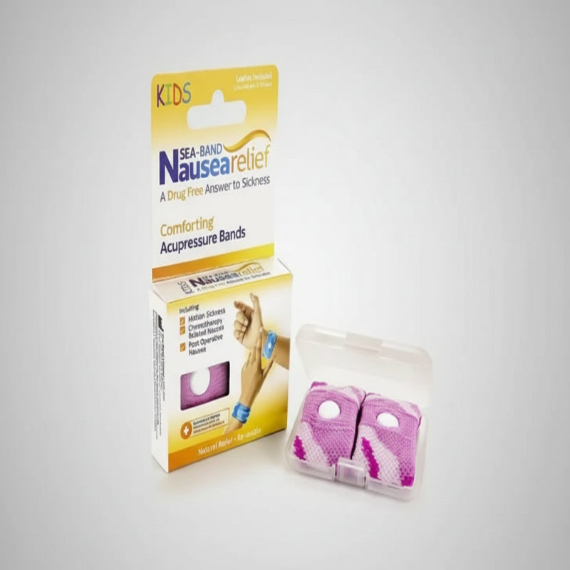 Sea-Band Nausea Relief packaging for kids with acupressure bands on a white background