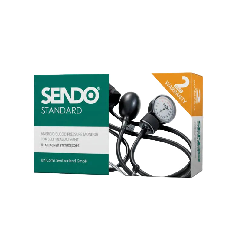 SENDO blood pressure monitor packaging with stethoscope illustration on a white background