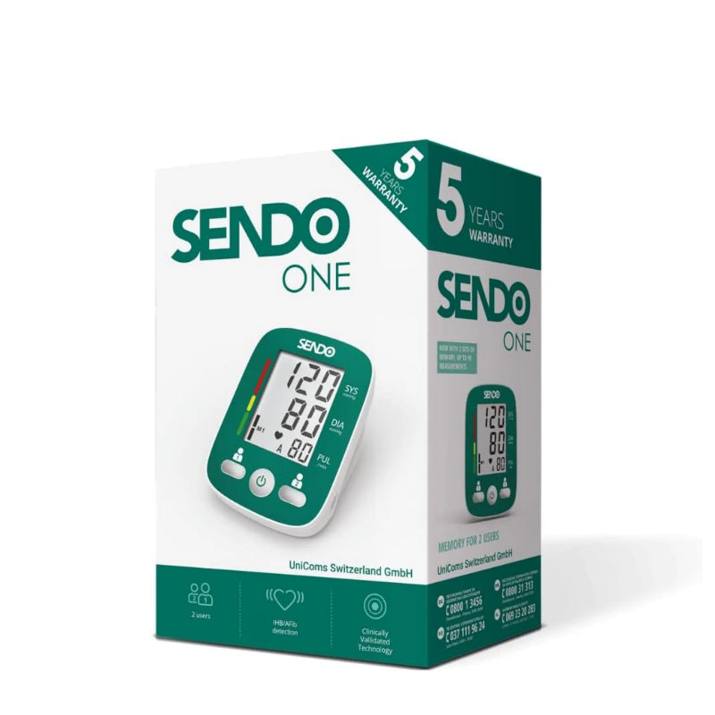SEndo ONE blood pressure monitor packaging with digital display on a white background