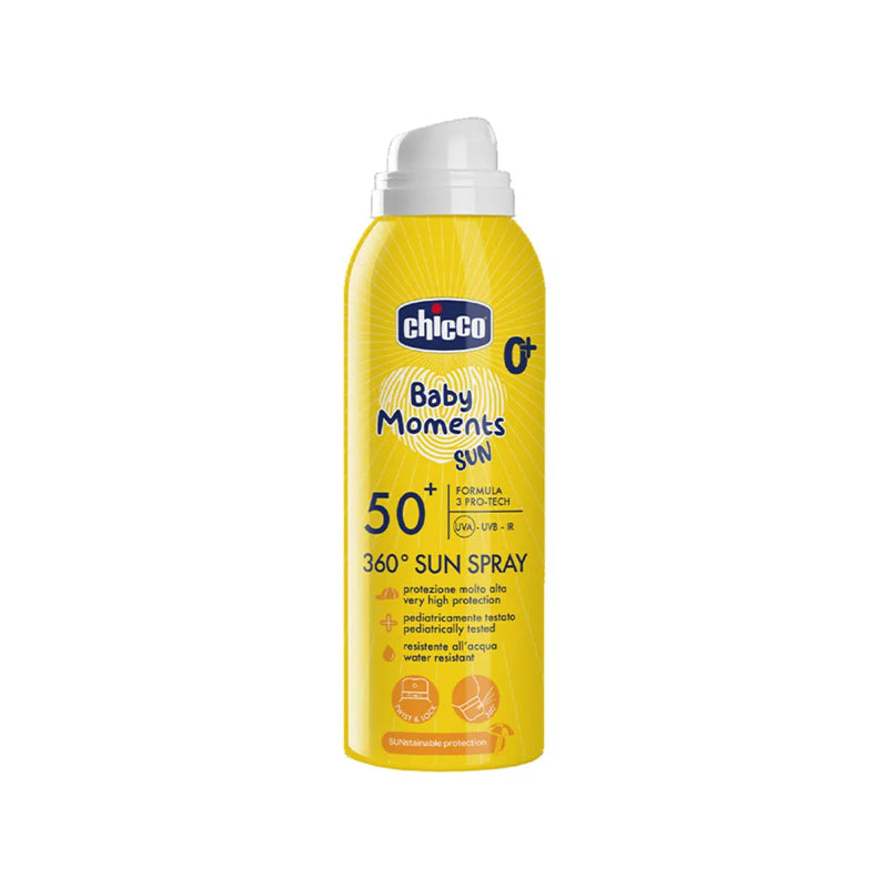 Yellow spray bottle of Chicco Baby Moments Sun spray on a white background