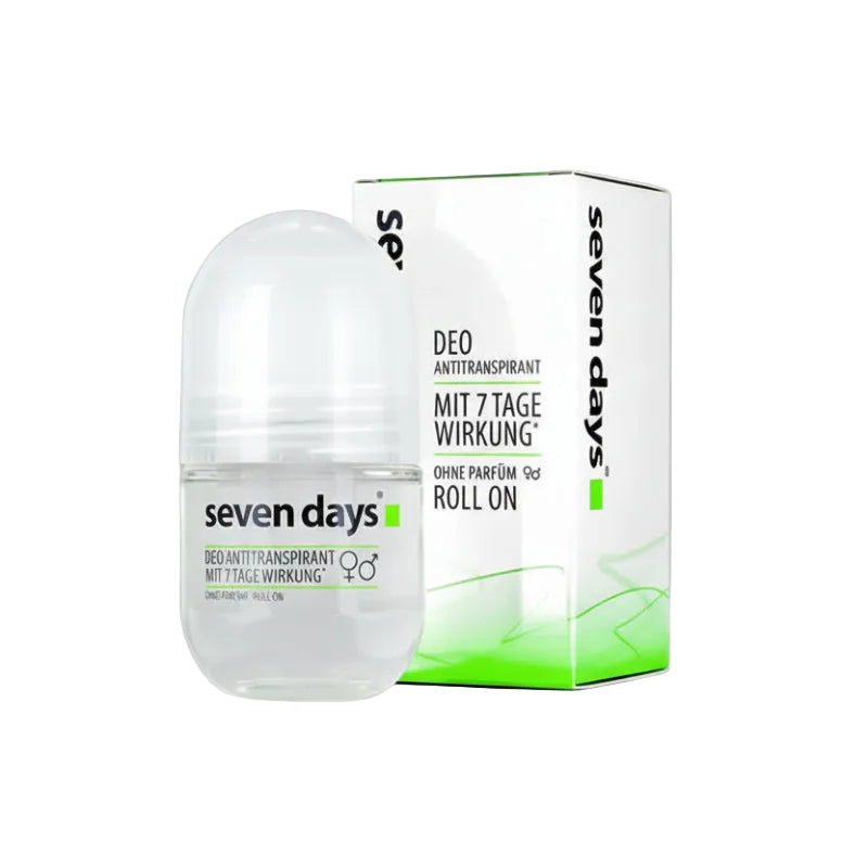 The image shows a deodorant roll-on bottle next to its packaging box. The box has text indicating the product is 'Seven Days Deo Roll On' with '7 Tage Wirkung', suggesting a seven-day effectiveness period.