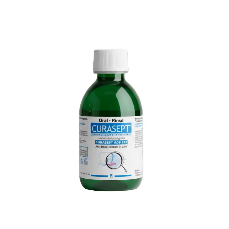 A bottle of Curasept ADS 212 mouthwash, which is an oral care product containing chlorhexidine digluconate for treating gum and periodontal diseases.