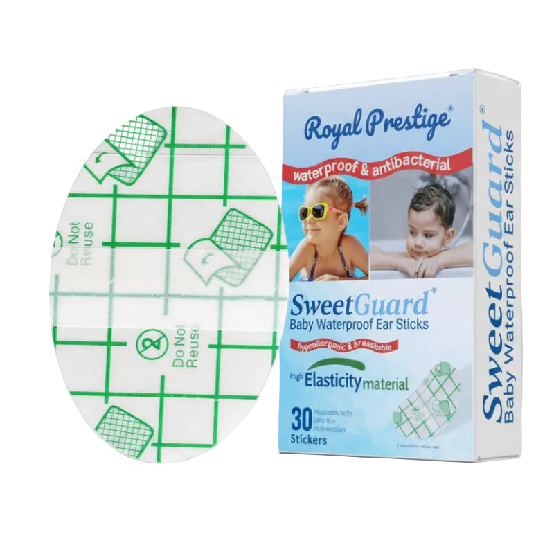 SweetGuard baby waterproof ear stickers packaging with a round green and white sticker on a white background