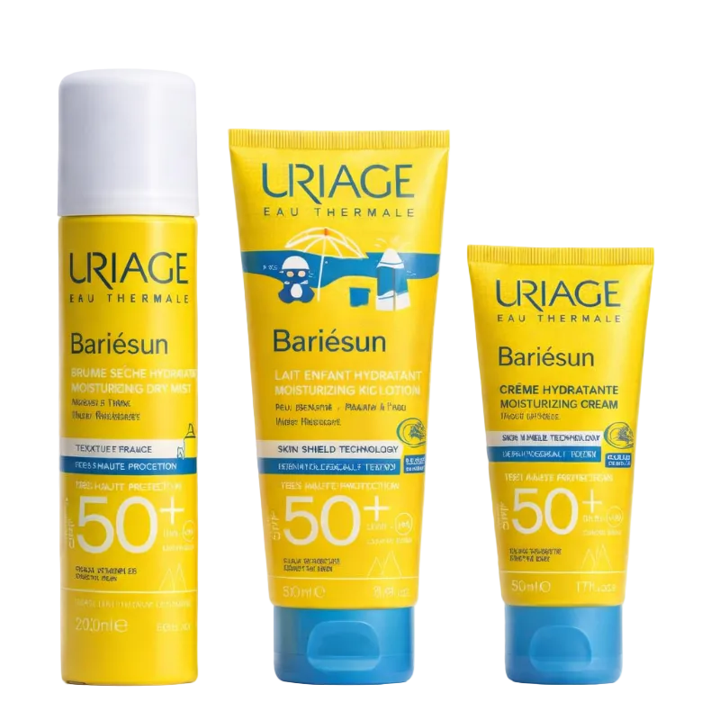 Three Uriage sunscreen products on a white background