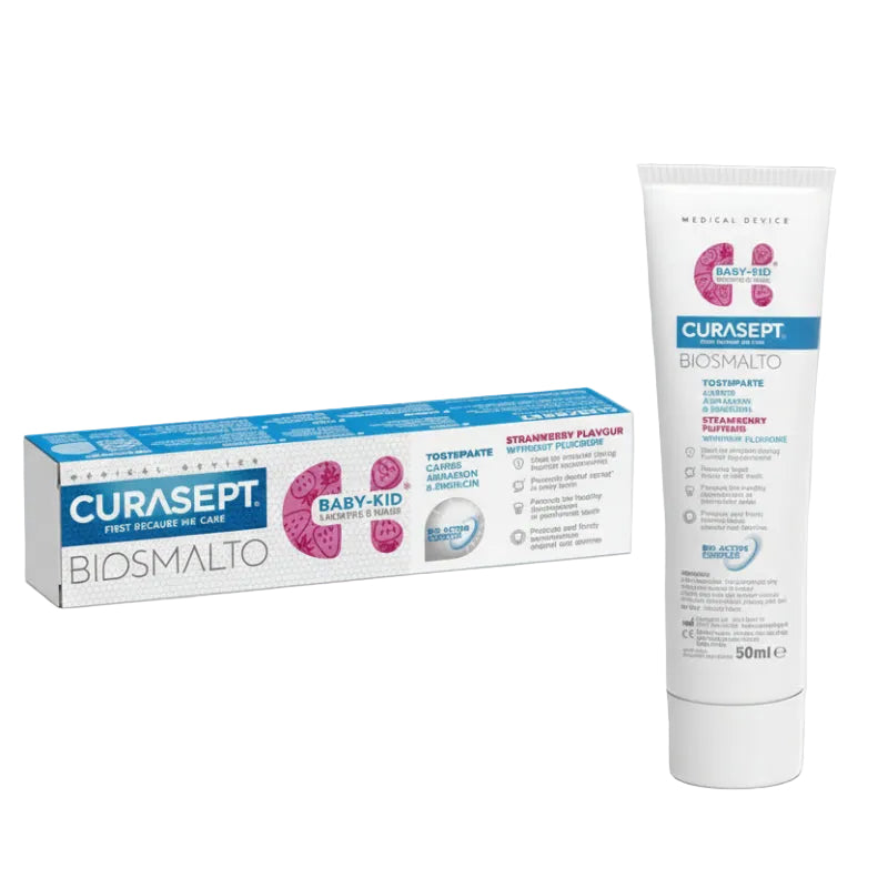Packaging of CURASEPT Biosmaltto Dent Baby-Kid toothpaste, showing the box and tube with branding and product information.