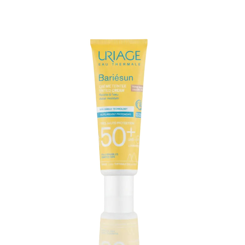 Uriage Bariésun sunscreen cream tube with SPF 50+ on a white background