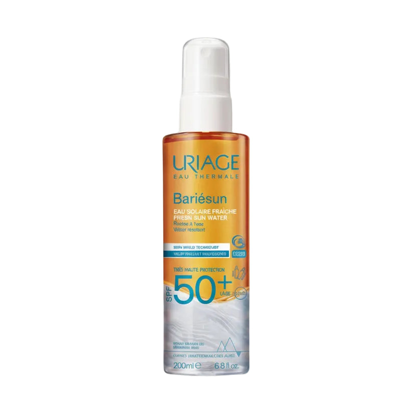 Uriage sunscreen spray bottle on a white background