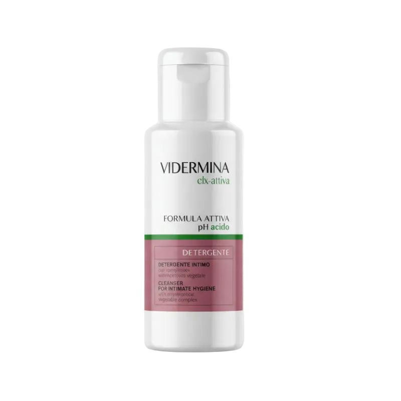 A white bottle with a pink label, containing VIDERMINA CLX-ATTIVA CLEANSER FOR INTIMATE HYGIENE.