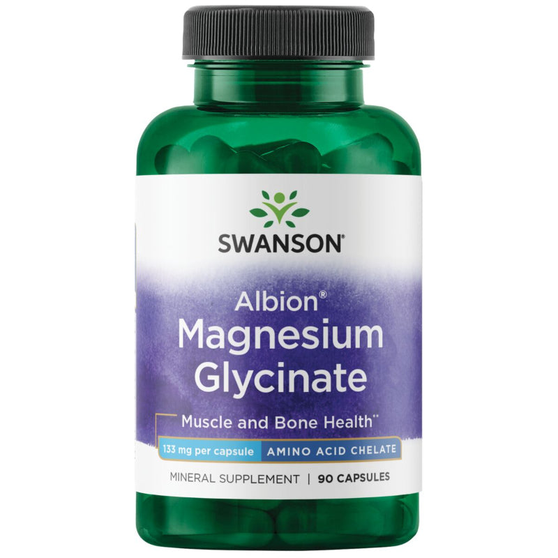A green translucent plastic bottle of Swanson Albion Magnesium Glycinate mineral supplement with a white and purple label and a black cap, shown on a plain white background.