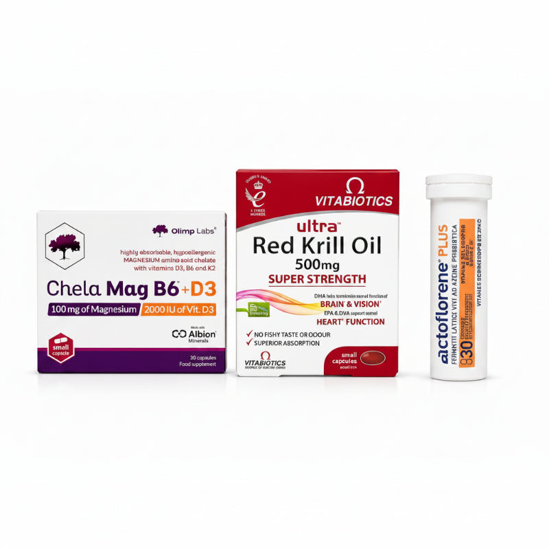 Three health supplement packages from different brands on a white background