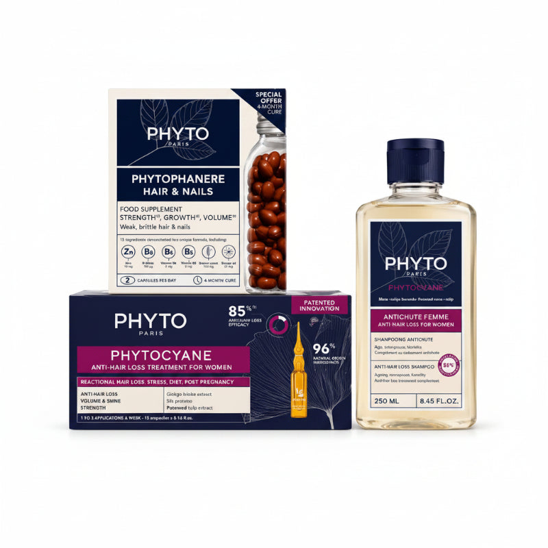 Phyto hair care products including a bottle, box, and capsule on a white background