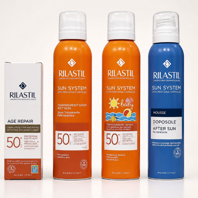 Rilastil sun care products including spray bottles and a box on a white background
