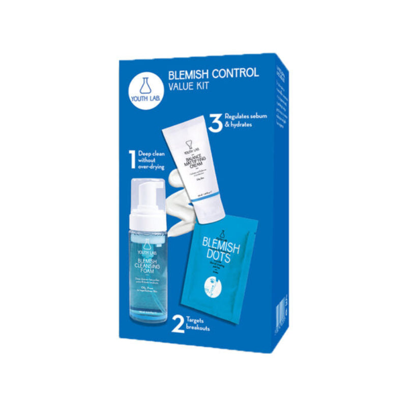 Youth Lab Blemish Control Value Kit packaging containing a foam cleanser, a matifying cream, and blemish dots for skin care.