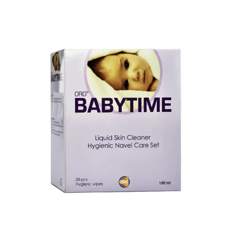 Packaging of Babytime Liquid Skin Cleanser, featuring a box with a picture of a baby and a liquid cleanser bottle. The product is indicated as a hygienic nail care set and contains 20 pcs.