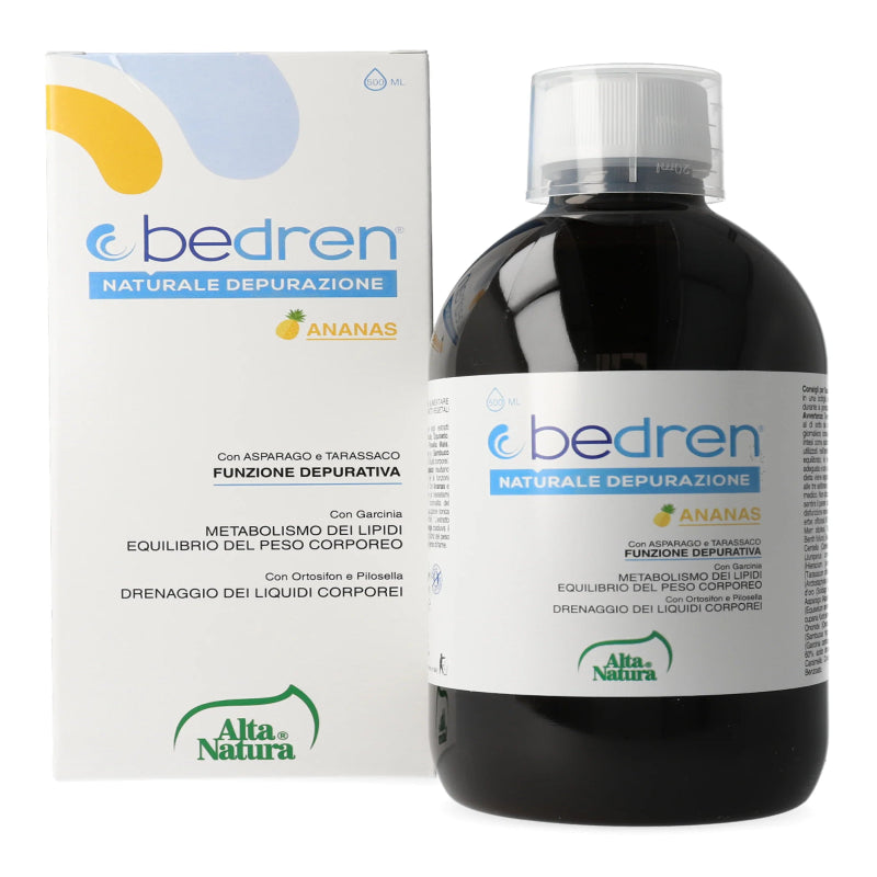 Bedren 'ANANAS' natural depurating liquid in a dark bottle next to its white packaging box, featuring blue and yellow branding and Italian text.