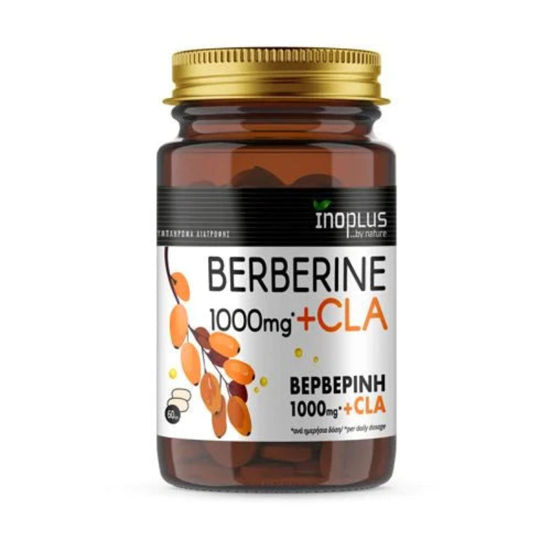 A bottle of inoplus Nature Berberine 1000mg + CLA dietary supplement, featuring an amber glass bottle with a gold metal cap and a white label with black and orange text.