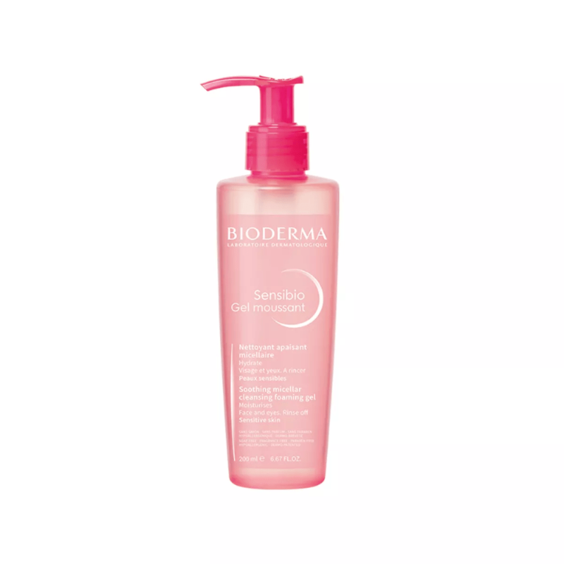 Bioderma cleansing gel bottle with pink pump on a white background