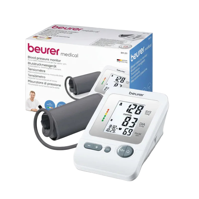 Beurer blood pressure monitor with digital display and packaging on a white background