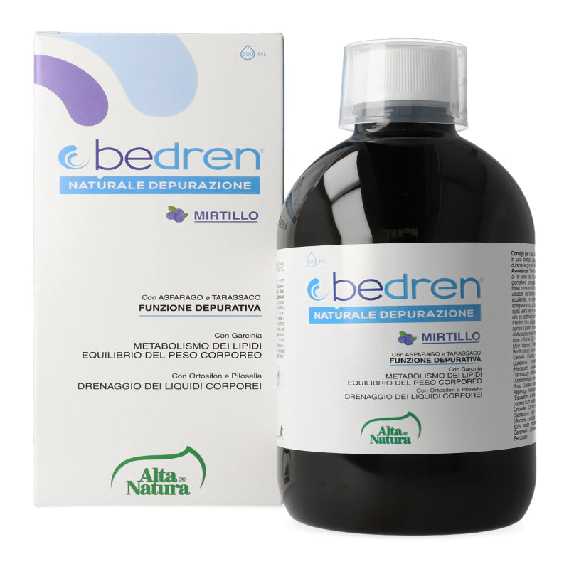 A bottle of Bedren 'Naturałe depurazzione' liquid supplement next to its white cardboard packaging box, featuring blue and purple branding and green 'Alta Natura' logos on a white background.