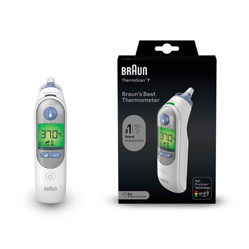 Braun ear thermometer with packaging on a white background